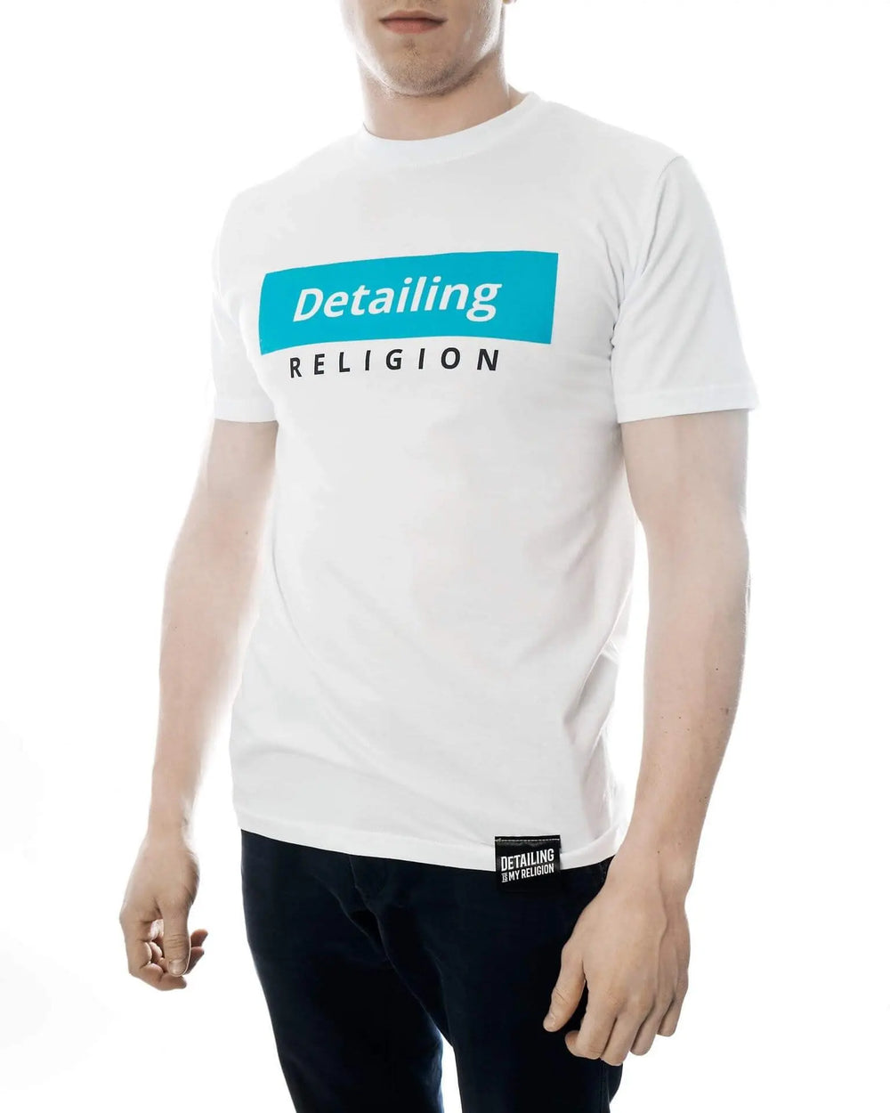 T-Shirt bianca con banda blu Detailing My Religion - Prodotti per il Detailing e cura dell’auto