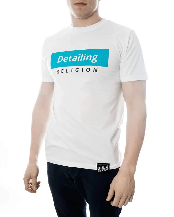T-Shirt bianca con banda blu Detailing My Religion - Prodotti per il Detailing e cura dell’auto