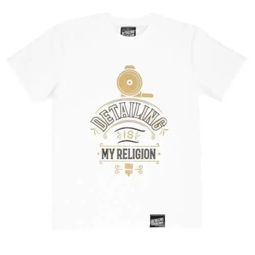 T-Shirt bianca con grafica oro lucidatrice Detailing My Religion - Prodotti per il Detailing e cura dell’auto