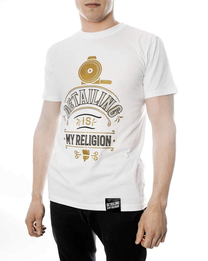 T-Shirt bianca con grafica oro lucidatrice Detailing My Religion - Prodotti per il Detailing e cura dell’auto