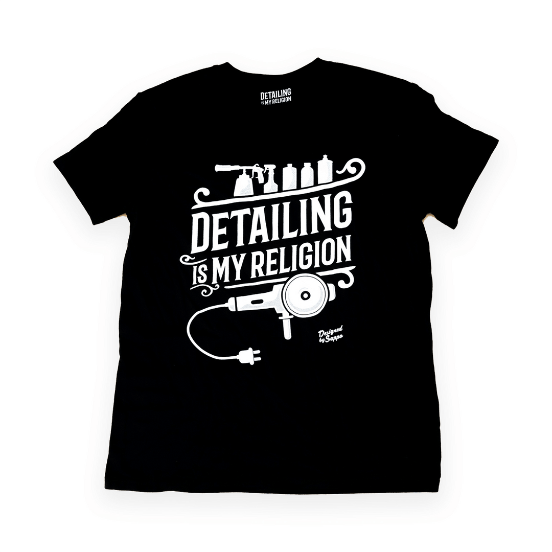 T-Shirt nera con grafica bottiglie e lucidatrice Detailing My Religion - Prodotti per il Detailing e cura dell’auto