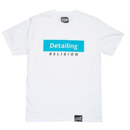 T-Shirt bianca con banda blu Detailing My Religion - Prodotti per il Detailing e cura dell’auto
