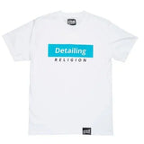 T-Shirt bianca con banda blu Detailing My Religion - Prodotti per il Detailing e cura dell’auto